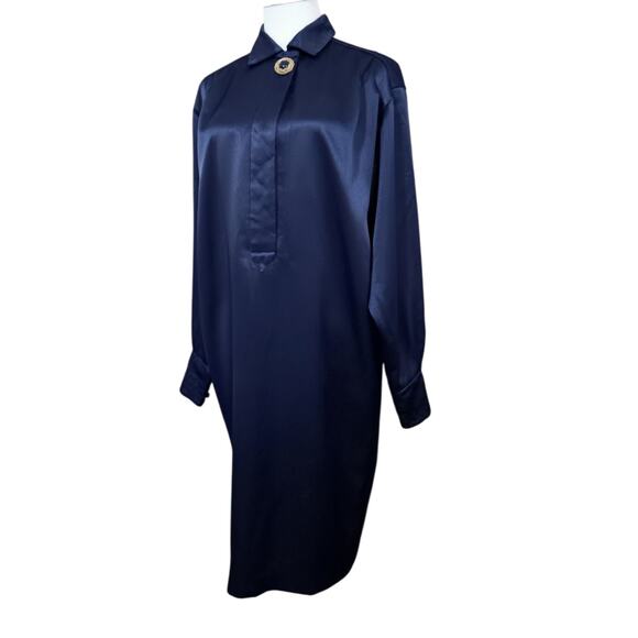 VINTAGE NOS Satin Midnight Blue Dress 8 Fancy Gold Tone Buttons Power Event Work - Picture 2 of 12